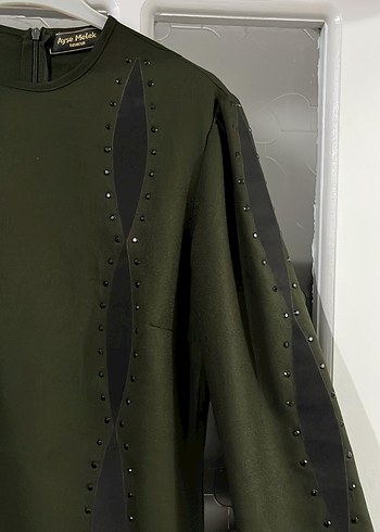 Uzun Kollu, Nakış Detaylı Haki Uzun Elbise - Görsel 2