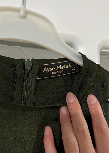 Uzun Kollu, Nakış Detaylı Haki Uzun Elbise - Görsel 3