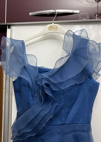 Uzun Lacivert Fırfırlı Straplez Abiye Elbise - Görsel 2