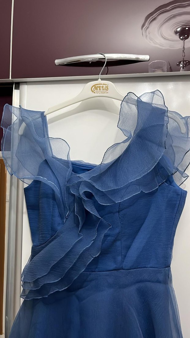 Uzun Lacivert Fırfırlı Straplez Abiye Elbise - Görsel 2