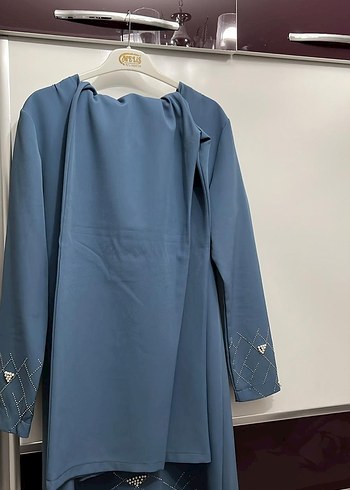 Düğmeli Mavi Uzun Kadın Pantolonlu Takım - Görsel 2