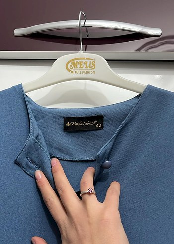 Düğmeli Mavi Uzun Kadın Pantolonlu Takım - Görsel 3