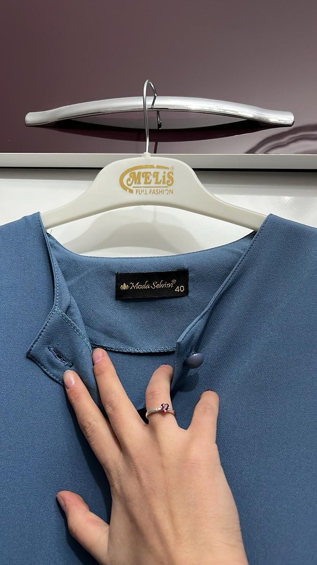 Düğmeli Mavi Uzun Kadın Pantolonlu Takım - Görsel 3