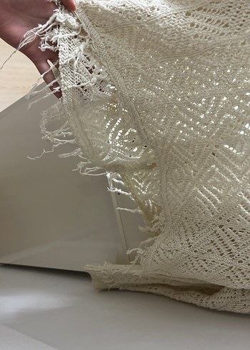 Bej Dantel Detaylı Bohem Örgü Şal - Görsel 6