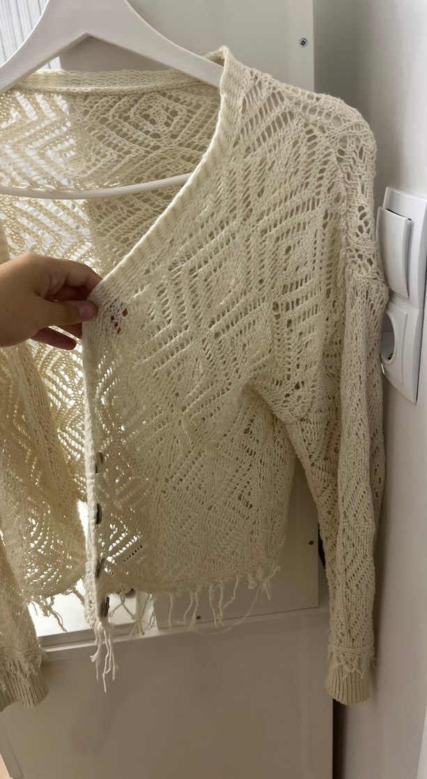 Bej Dantel Detaylı Bohem Örgü Şal - Görsel 2