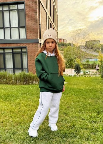 Kız Çocuk Kapüşonlu Yeşil Sweatshirt ve Gri Eşofman