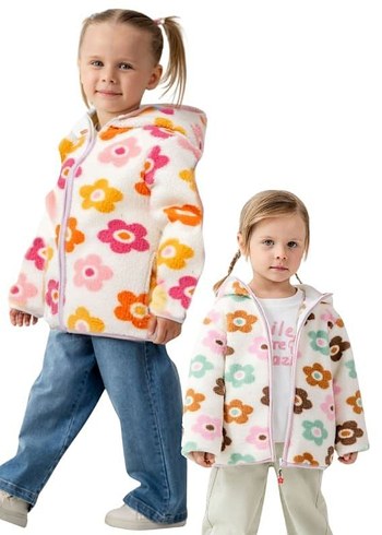 Kız Çocuk Kapüşonlu Peluş Ceket - Görsel 3