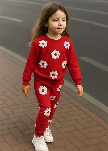 Kız Çocuk Siyah Çiçek Desenli Eşofman Takımı - Görsel 2