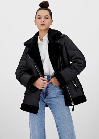 Siyah Kadın Kürklü Denim Ceket