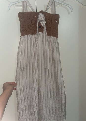 Dantel Detaylı Bej Bohem Midi Elbise - Görsel 2