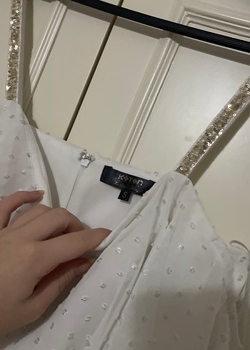 Beyaz Volanlı Midi Abiye Elbise - Görsel 2