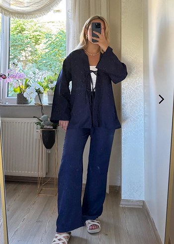 Kadın Lacivert Batik Desenli Denim Takım