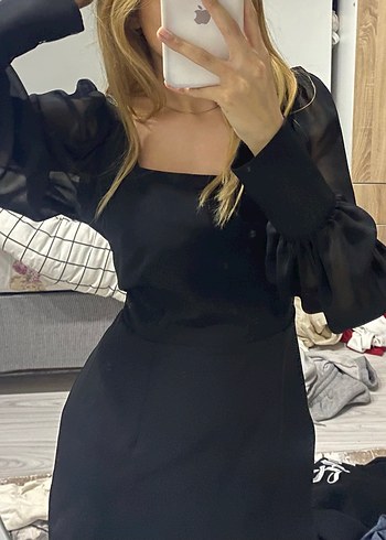 Şeffaf Uzun Kollu Siyah Straplez Bluz - Görsel 4