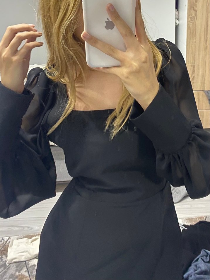 Şeffaf Uzun Kollu Siyah Straplez Bluz - Görsel 3