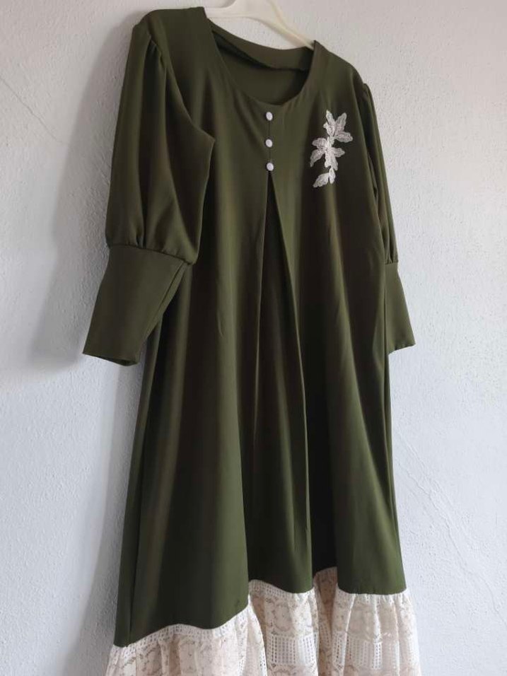 Dantel Detaylı Haki Bohem Uzun Elbise - Görsel 3