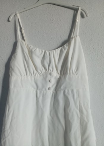 Beyaz Keten Uzun Askılı Elbise - Görsel 3