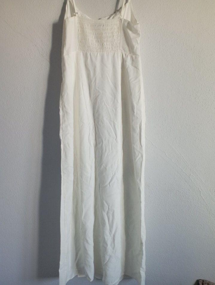 Beyaz Keten Uzun Askılı Elbise - Görsel 2