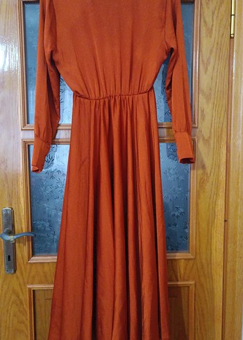 Uzun Kahverengi V Yakalı Salaş Elbise - Görsel 2