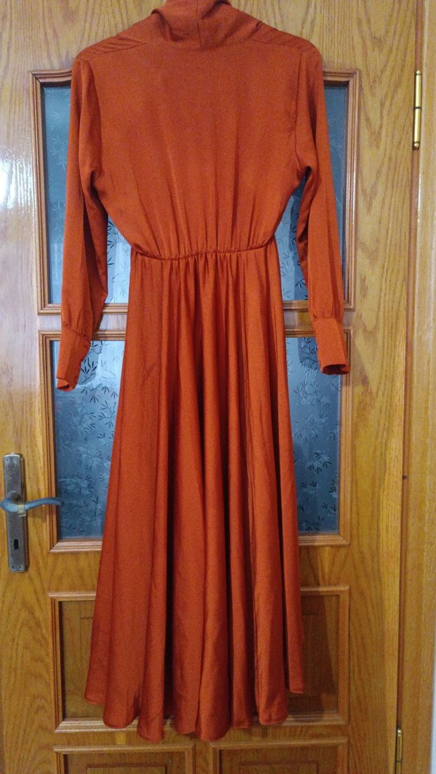 Uzun Kahverengi V Yakalı Salaş Elbise - Görsel 2