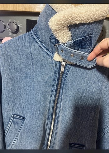 Peluş Detaylı Mavi Denim Kadın zara mont - Görsel 6