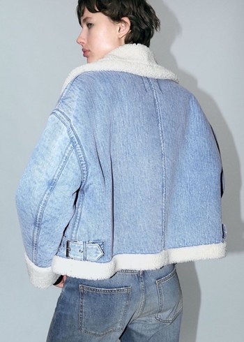 Peluş Detaylı Mavi Denim Kadın zara mont - Görsel 3