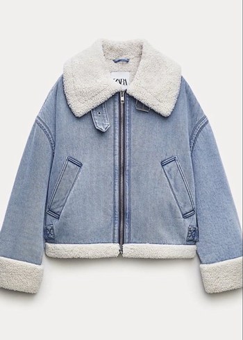 Peluş Detaylı Mavi Denim Kadın zara mont - Görsel 2