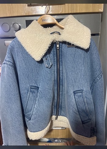 Peluş Detaylı Mavi Denim Kadın zara mont - Görsel 5
