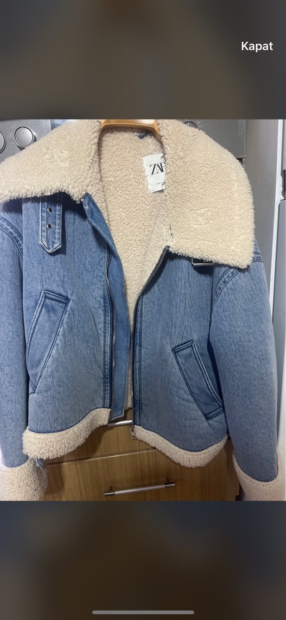Peluş Detaylı Mavi Denim Kadın zara mont - Görsel 4