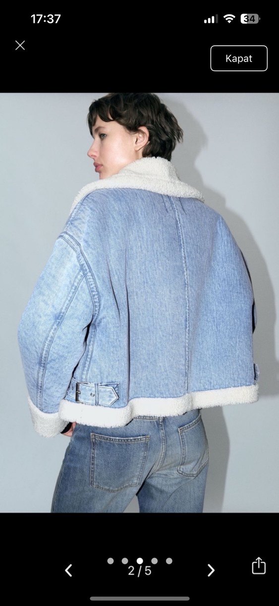 Peluş Detaylı Mavi Denim Kadın zara mont - Görsel 3