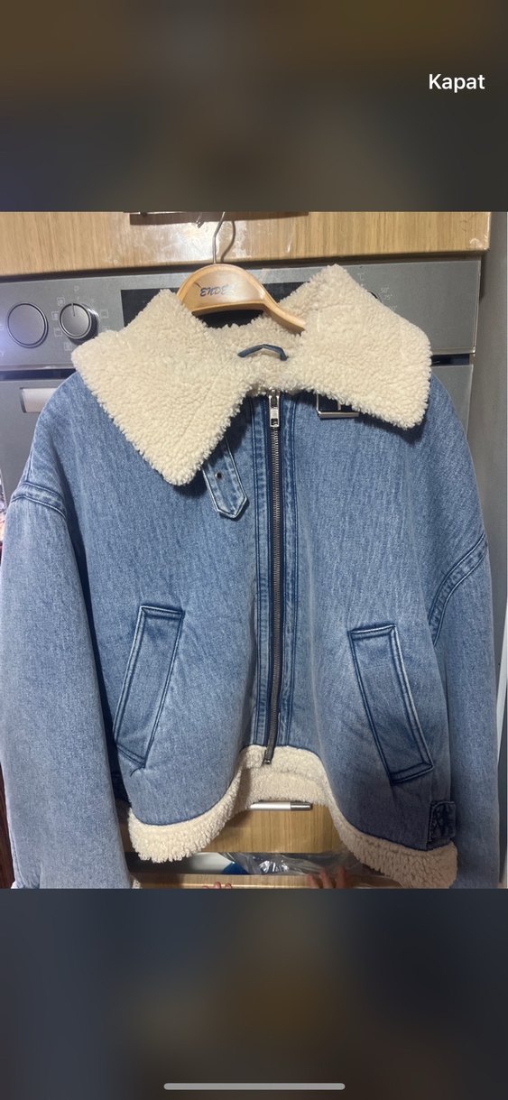 Peluş Detaylı Mavi Denim Kadın zara mont - Görsel 5