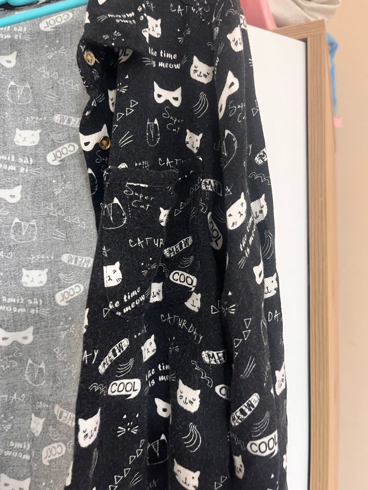 Uzun Kollu Gri Baskılı Kedi desenli gömlek - Görsel 2