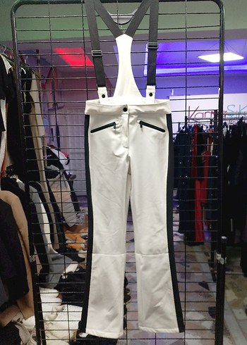 Beyaz Siyah Şeritli Askılı Kadın kar Tulumu - Görsel 2