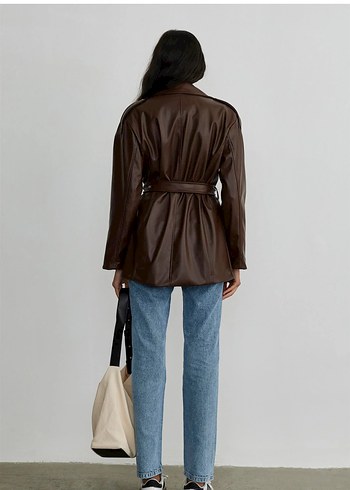 Suud Kemerli Kahverengi Deri Kadın Ceket - Görsel 7