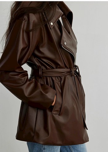 Suud Kemerli Kahverengi Deri Kadın Ceket - Görsel 5