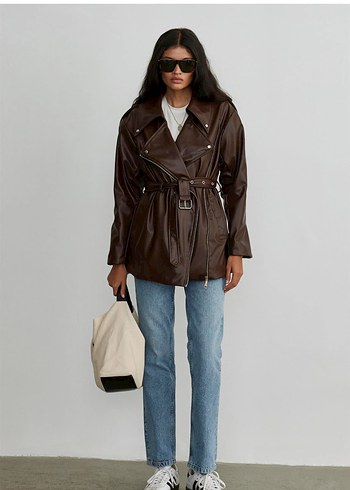 Suud Kemerli Kahverengi Deri Kadın Ceket - Görsel 6