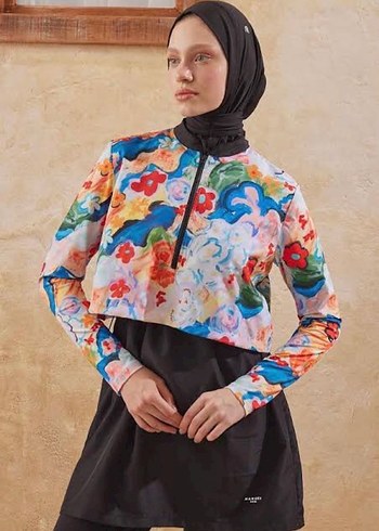 Manuka tesettür mayomKadın Çok Renkli Bağlama Desenli Uzun Kollu - Görsel 3
