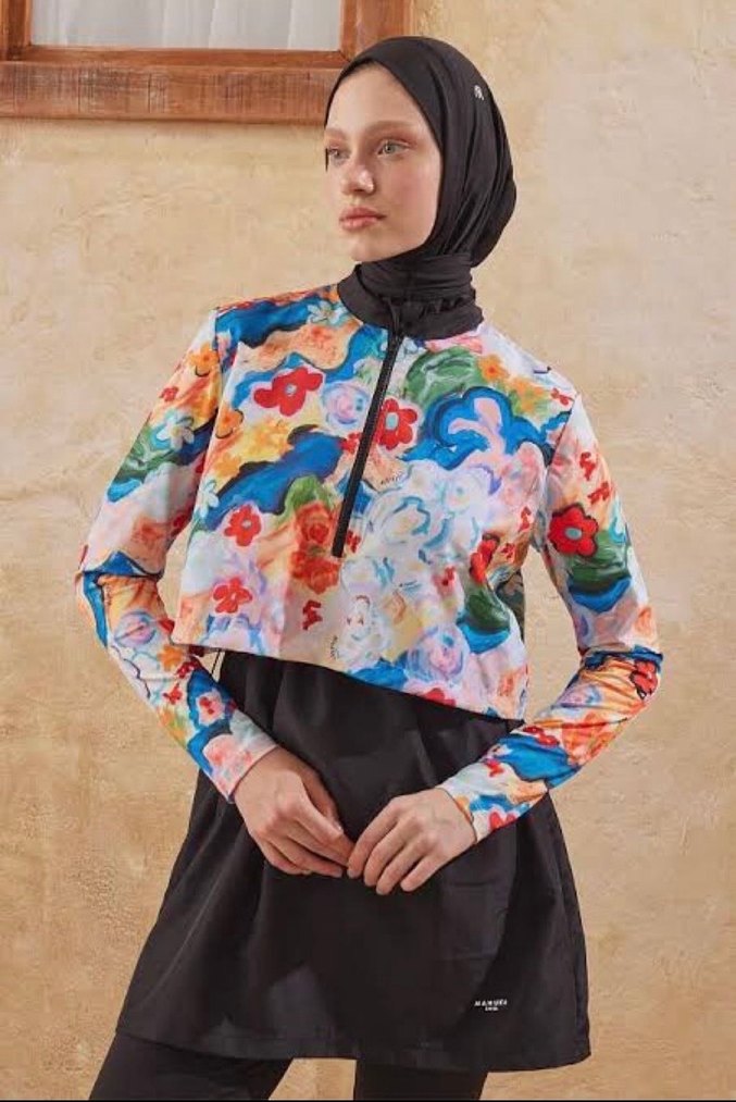 Manuka tesettür mayomKadın Çok Renkli Bağlama Desenli Uzun Kollu - Görsel 3