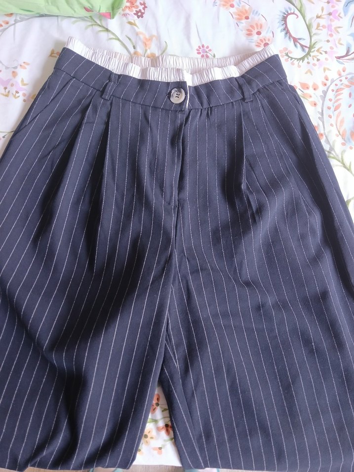 Lacivert Çizgili Keten Pilili Pantolon - Görsel 4