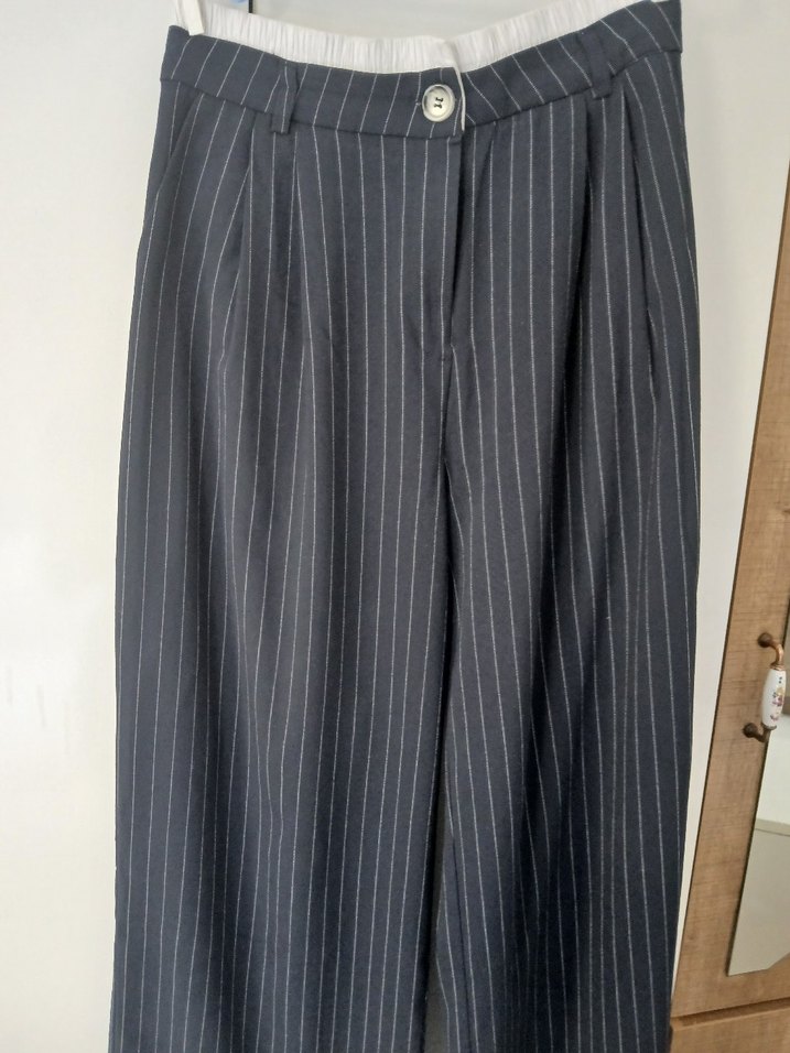 Lacivert Çizgili Keten Pilili Pantolon - Görsel 2