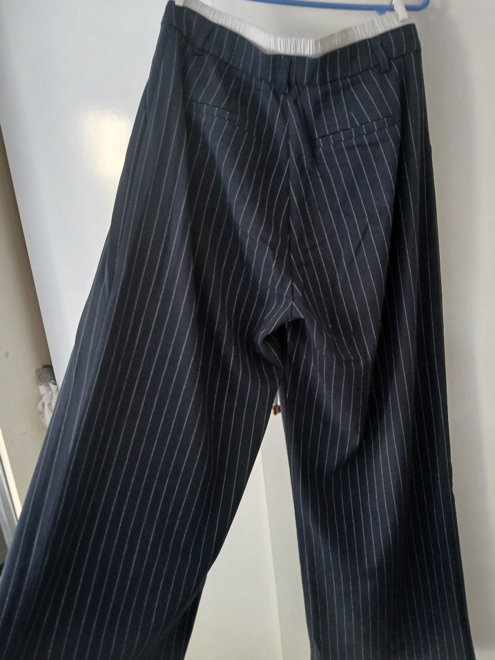 Lacivert Çizgili Keten Pilili Pantolon - Görsel 3