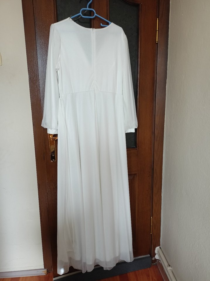 Uzun Kollu Beyaz A Kesim Nikah Elbisesi - Görsel 3