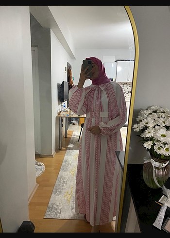 Diğer Uzun Kol Bağcıklı Pembe Bohem Elbise