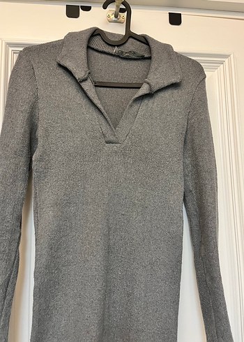 Gri Uzun Kollu Triko Elbise - Görsel 2