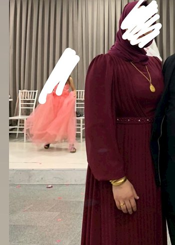 Bordo Uzun Kollu Yüksek Yakalı Abiye Elbise