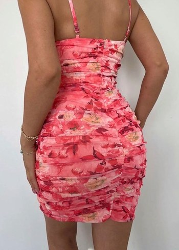 Pembe Dantelli Çiçek Desenli Mini Elbise - Görsel 2