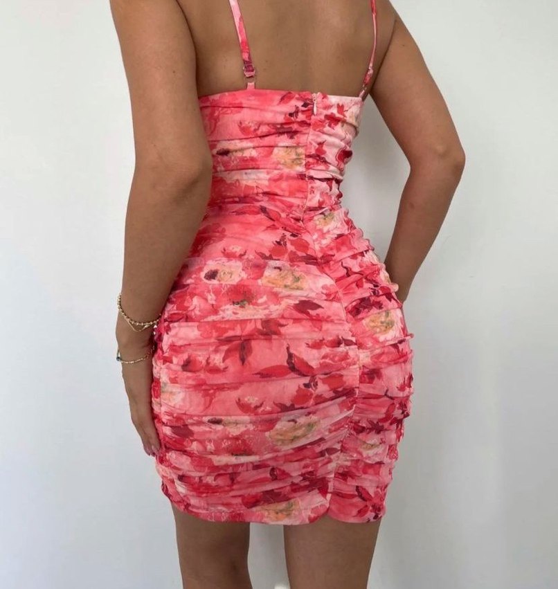 Pembe Dantelli Çiçek Desenli Mini Elbise - Görsel 2