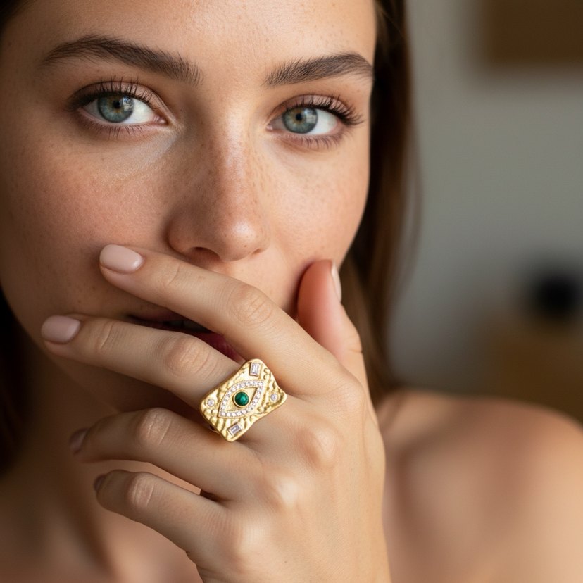 Yılan Desenli Boncuklu Altın Yüzük - Görsel 2