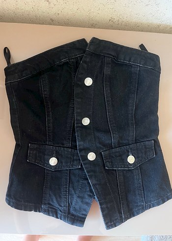 Siyah Düğmeli Straplez Denim Yelek