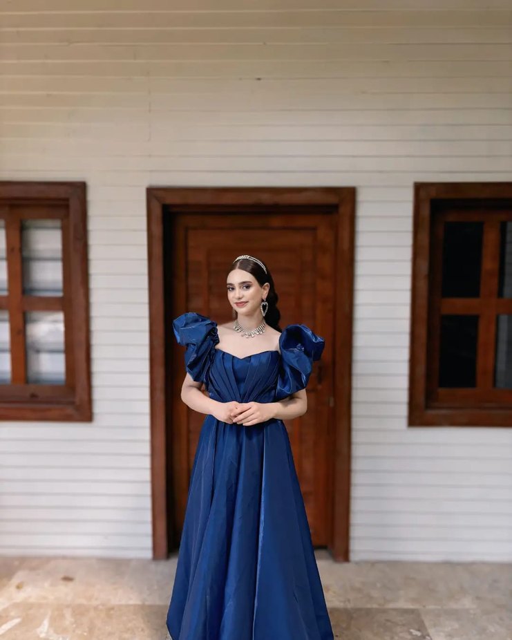 Uzun Lacivert Drapeli Kadın Abiye Elbise - Görsel 2