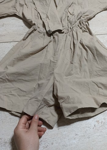 Kemerli Bej Keten Kadın Mini Tulum - Görsel 3